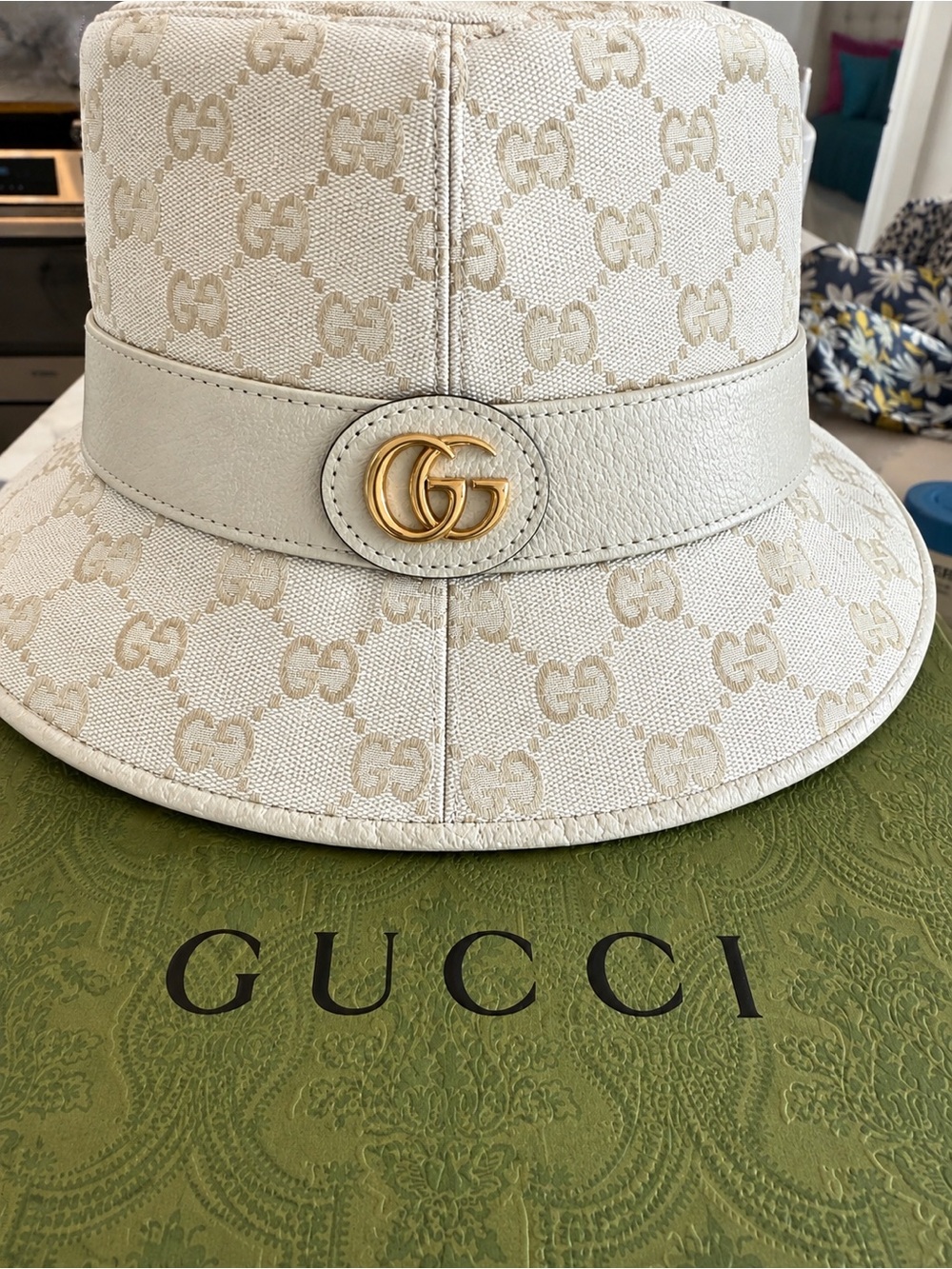 Gucci Cream GG Canvas Bucket Hat with Gold Double G